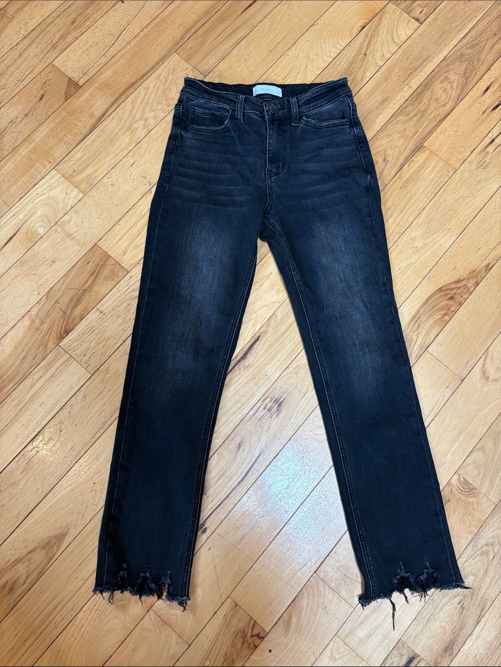 High Rise Slim Straight Leg Black Jeans with Frayed Hem (26)